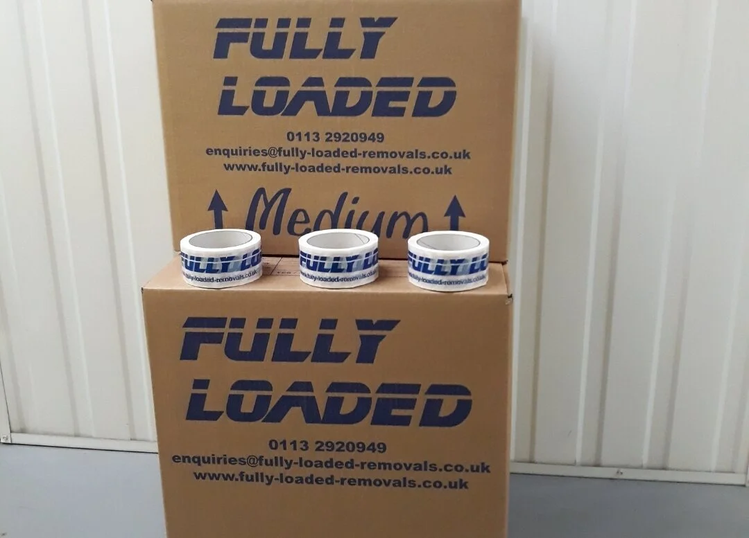 Fully Loaded Removals branded Medium and Large removal boxes with packing tape